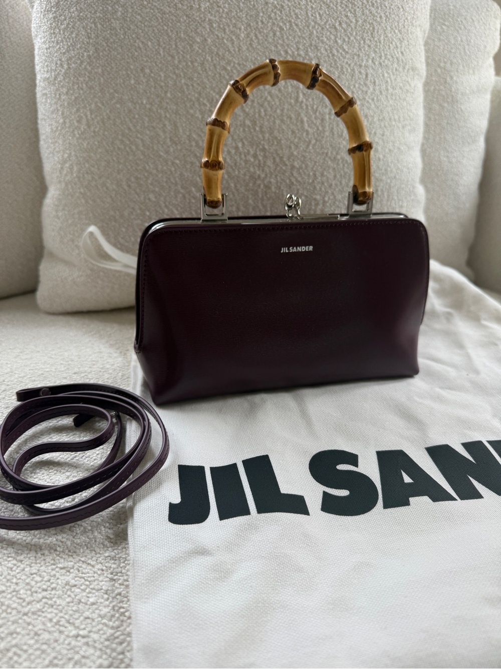 Jil Sander Burgundy Leather Mini Bag with Bamboo Handle
